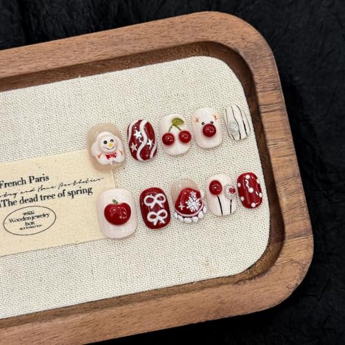 Handmade Press on Nails Short Square Fake Nails Christmas French Tip with 3D apple cherry Snowman Designs Red Glitter Cute Acrylic Nails for Women 10pcs (Size M)