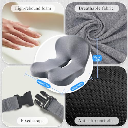 Image of Car Seat Cushion, Memory Foam Driving Cushion with Adjustable Strap, Ergonomic Pad for Car & Semi Truck, Office Chair Cushion for Sciatica & Lower Back Pain Relief, Light Gray