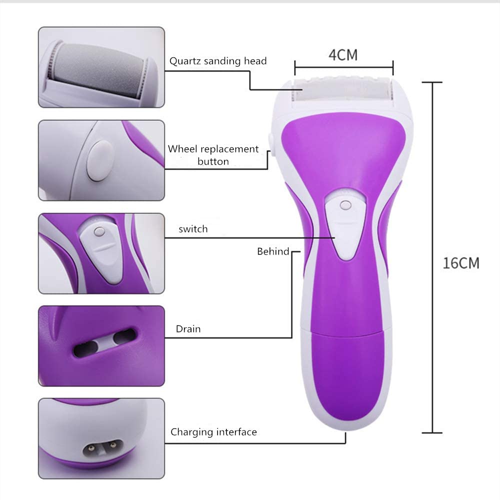 Lima elettrica per Piedi Ricarica USB Dispositivo di rimozione del callo con 2 Strumenti per testine a Rullo Adatto per Pelli secche e dure con Angoli rotti (Viola)