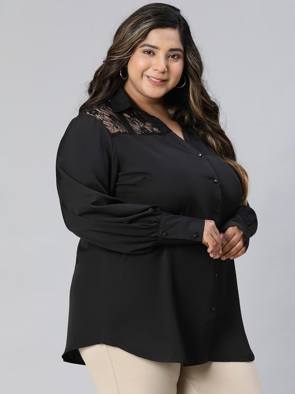 Image of oxolloxo Women Plus Size lace Detailed Collared Long Sleeve Shirt
