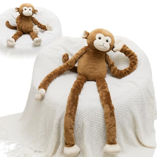 MorisMos Weighted Monkey Stuffed Animal for Anxiety Relief,23.6'~35.4' Stretchable Long-Legged Monkey Toy Gift for Kid Adult,Microwavable Heating Weighted Stuffed Animal for Birthday Christmas Decor