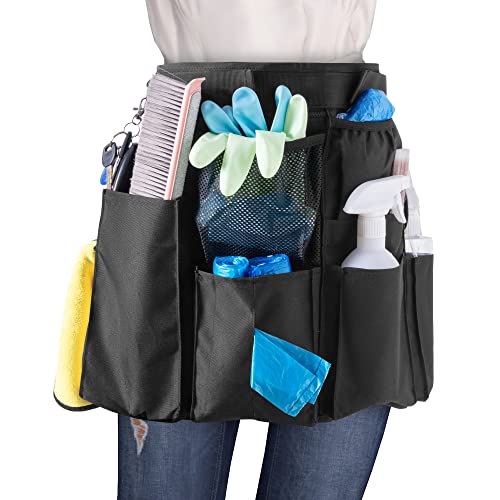 LoDrid Tablier de nettoyage pour le ménage avec 9 poches, sac de nettoyage professionnel avec ceinture réglable, résistant à l'eau, tablier pour le travail, noir