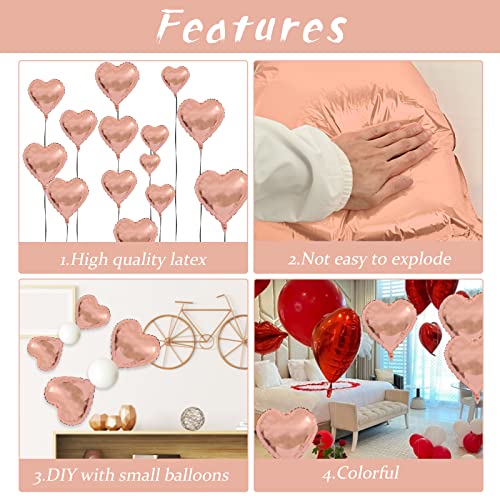 Image of Rose Gold Foil Heart Balloons, 10PCS Rose Gold Heart Shape Balloons, Valentines Balloons 18inch Foil Balloons for Helium Birthday Decorations for Valentines Day, Wedding, Brithday Party, Baby Shower