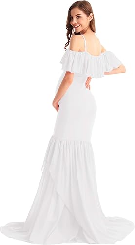 Miniatura 42 de MYRISAM Vestido de maternidad con volantes y hombros descubiertos para mujer, vestido de fiesta de sirena de gasa, vestido ajustado Verde