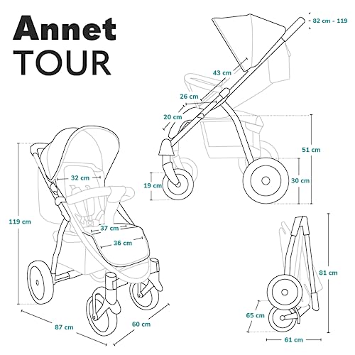 LIONELO Annet Tour Kinderwagen bis 22 kg, verstellbarer Griff, zusammenklappbar, verstellbare Rückenlehne bis zur Liegeposition, wartungsfreie Räder, XXL-Verdeck, 5-Punkt-Gurt, Einkaufskorb