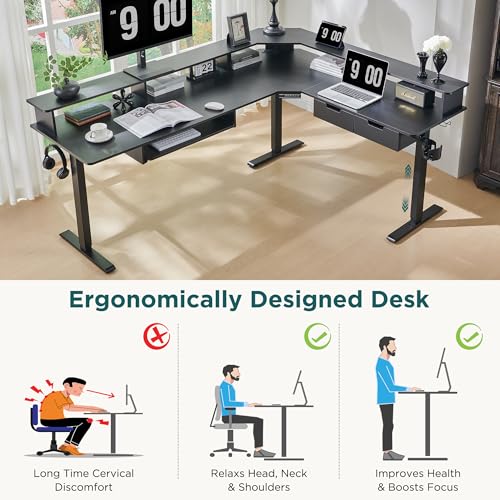 Image of RedLemon 75X60 Inches L Shaped Electric Standing Desk, Height Adjustable Corner Gaming Desk with Drawers, Power Outlets & LED Lights, Computer Desk with Monitor Shelf, Carbon Fiber Black