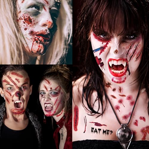 Image of XIYOKA 30 Sheets 220+ PCS Halloween Fake Scars Tattoos Temporary, Chucky Zombie Makeup Kit, Realistic Halloween Face Stitch Scar Makeup Tattoos Stickers Masquerade Prank Makeup Props