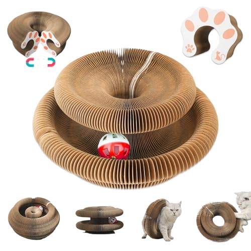 liluwushe Kitty Kurlz Cat Toy, Magic Organ Cat Interactive Scratcher Cardboard with Bell Ball, Foldable & Changeable Accordion Shape Exercise Anxiety Relief Toy for Indoor Cats(1PCS)