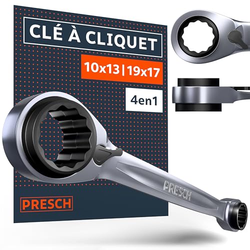 PRESCH Clé à cliquet double 4-en-1 (10/13 mm & 19/17 mm) - Fonction à cliquet réversible - Avec 90 dents & angle de reprise de 4° - 4 tailles dans une...