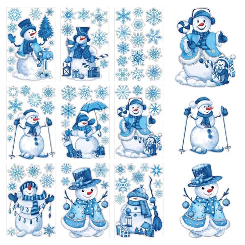 XQMMGO 9 feuilles d'autocollants de fenêtre de Noël, autocollants double face en PVC réutilisables, décoration de Noël pour portes, vitrines, vitrines, façades en verre (bonhomme de neige)