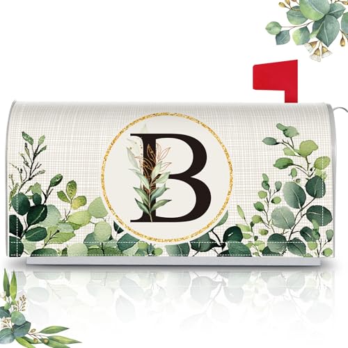 Image of Tiamon Monogrammed B Mailbox Covers Magnetic Eucalyptus Welcome Letter Box Wrap Standard Size 21x18 Inch Spring Summer Leaves Mailbox Decor Eucalyptus Letter Numbers Decoration for Outdoor Garden Yard