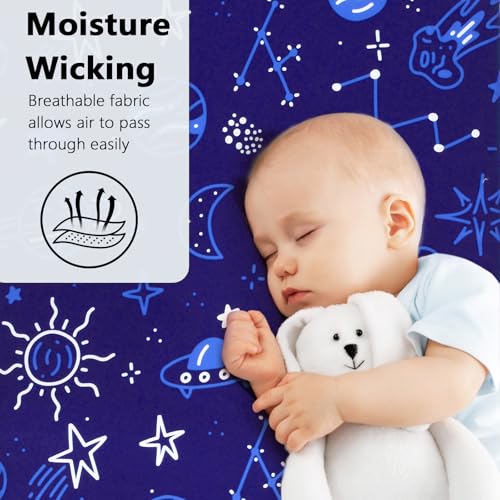 Image of Baby Fitted Crib Sheet Soft Microfiber 52 inch x 28 inch Crib Mattress Sheet for Boys Girls Breathable Baby Bedding with Space Design Blue