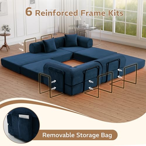 Image of 142 inch 7-in-1 Convertible Modular Sectional Sofa Bed, Blue | Corduroy Fabric, Reinforced Frame, Deep Seat, Storage Bag, Tool-free Assembly for Living Room