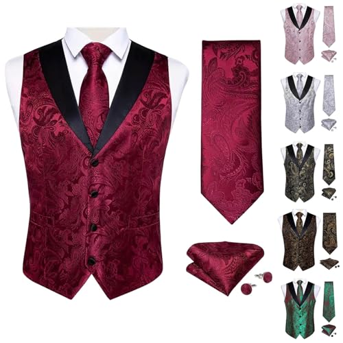 Cambkatl Men's Vest Tie Set 3PC Formal Waistcoat Paisley Floral Jacquard Necktie Pocket Square Suit Vests for Wedding Party2