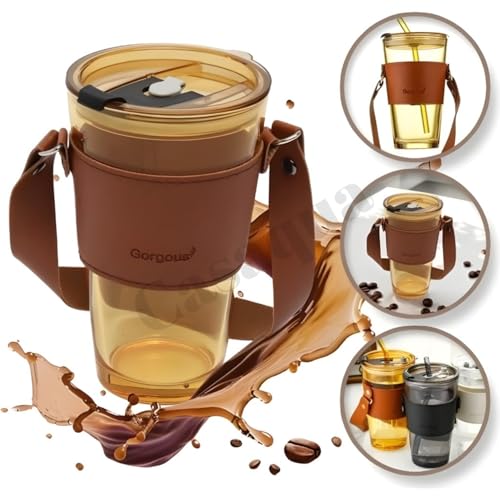 Image of Glass Tumbler with Lid & Straw - 450ml, Set of 1, Iced Coffee Cup, Clear Drinking Glass with Silicone Grip Sleeve, Leak-Resistant Lid, Travel Tumbler for Coffee, Tea, Office Use
