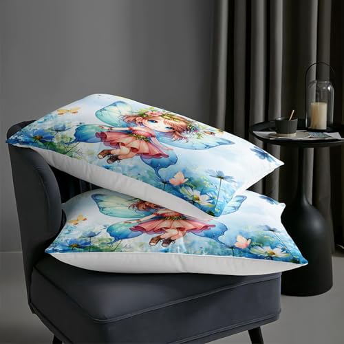 Image of AILONEN Beautiful Fairy Comforter Set Twin Size, Butterfly Fairy with Daisy Bedding Set for Kids,Girls,Watercolor Blue Duvet Set,3-Pieces, 1 Quilt and 2 Pillowcases,All Season,Soft