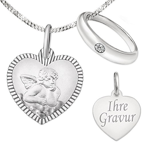 CLEVER SCHMUCK Set mit Gravur: Anhänger Herz 10 x 11 mm mit Engel matt Rand glänzend diamantiert und Rückseite mit Ihrer Wunschgravur sowie Kette + Taufring nach Wahl STERLING SILBER 925 im Etui