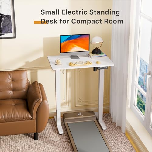 Image of JOY worker Small Electric Standing Desk, 31.5 inch x 20 inch Whole Piece Height Adjustable Desk with Memory Controller, White Sit to Stand Workstation for Home Office