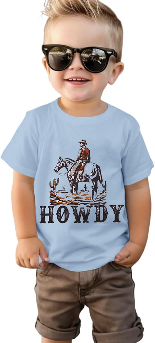 SOFEON Toddler Baby Boy Howdy Shirt Rodeo Western Graphic Letter Short Sleeve T-Shirt Kids Funny Cowboy Summer Tee Tops