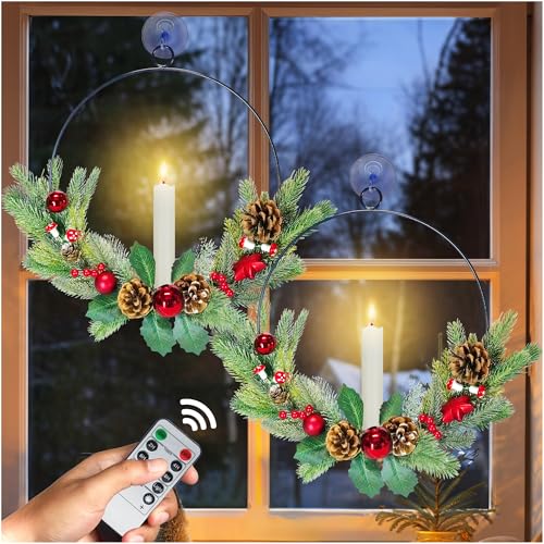 2Pack Christmas Wreaths for Front Door with LED Taper Candles,