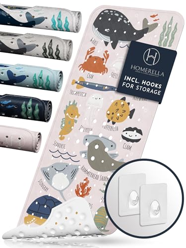 Image of Homerella Baby Bath Tub Mat | Anti Mold Mildew Resistant Non Slip Kids and Adult Bath Tub Shower Mats | 40x16 inch Long with Suction Cups for Secure Grip Hooks for Storage & Drying | Machine Washable