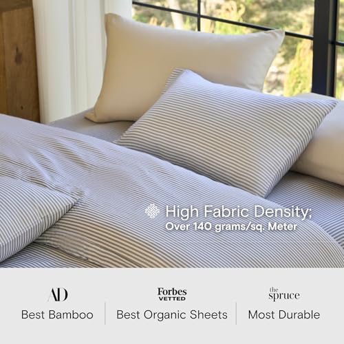 Image of DOZ Sheet Set, 100% Viscose derived from Bamboo, Organically Grown, Buttery Soft, Cooling Sheets, High GSM, Deep Pockets - 3 Piece - 2 Pillowcases 1 Fitted Sheet (Stripe, Full)