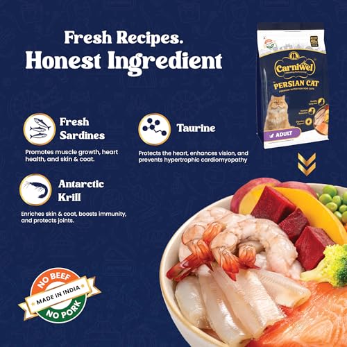 Image of Carniwel Persian Adult Dry Cat Food with Antarctic Krill | 3X Healthy Skin & Coat | Easy Digestion & Hairball Reduction, 400 gm