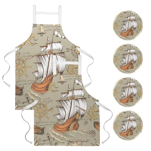 Lot de 2 tabliers de cuisine avec 4 broches motif ancre