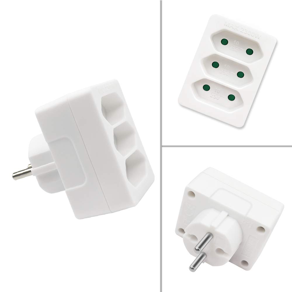 EXTRASTAR 3 en 1 Adaptador Plano con 3 Enchufes Schuko, 3 Tomas Adaptador, hasta Carge 2300W, 10A, 250V, Blanco, 2 pcs