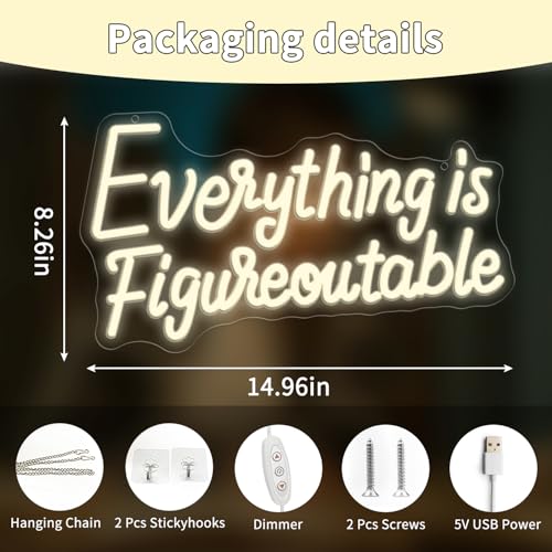 Image of Everything is Figureoutable Neon Sign, Dimmable Neon Signs for Wall Decor Letter Light up Sign, Inspirational Classroom Wedding Room Desk for Home Decor 14.96 x 8.26 inch