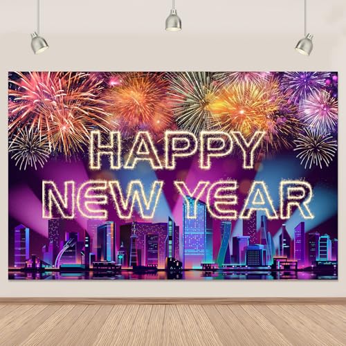 Happy New Year Banner 2026 Purple New York City Night View Manhattan Backdrop Retyshia Sparkling Fireworks Happy New Year Decorations Banner for NYE Party Photo Booth 5.9×3.6 Ft (Polyester)