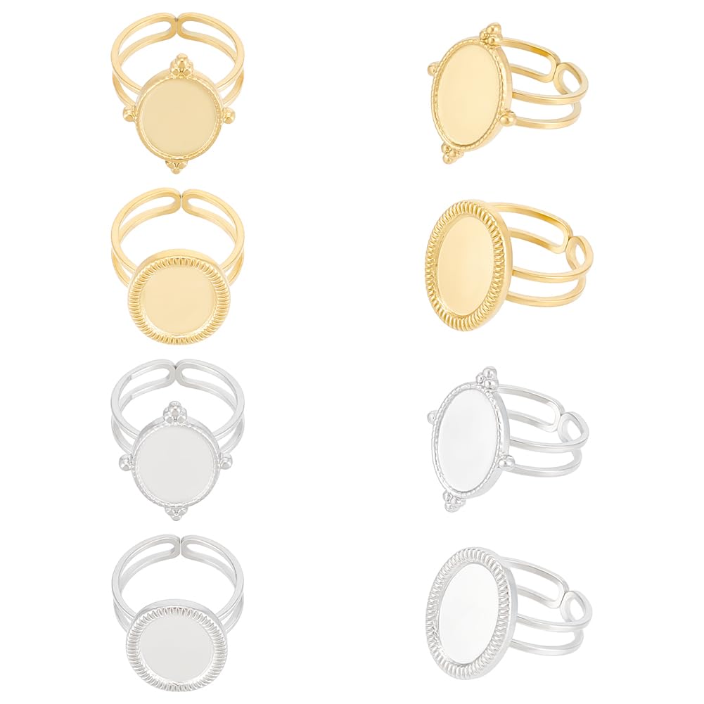 UNICRAFTALE 8Pcs 2 Colors Stainless Steel Open Cuff Rings Components Bezel Cup Rings Settings Gold Plated Oval Pad Ring Blanks Base Adjustable Blank