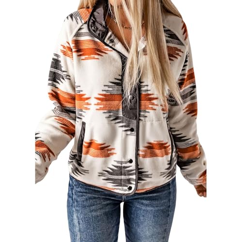 Women's Fleece Jacket Vintage Aztec Print Long Sleeve Snap Button Down Shacket Casual Fall Winter Coats with Pockets3