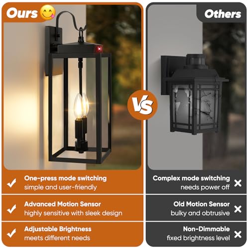 Image of BesLowe 2-Pack 17.5 inch Upgraded Motion Sensor Outdoor Wall Lights, Black | Auto ON /OFF, 3 Lighting Modes, Waterproof, Rust-Resistant, Durable Metal with Clear Glass, Dual E12 Sockets, Easy to Install