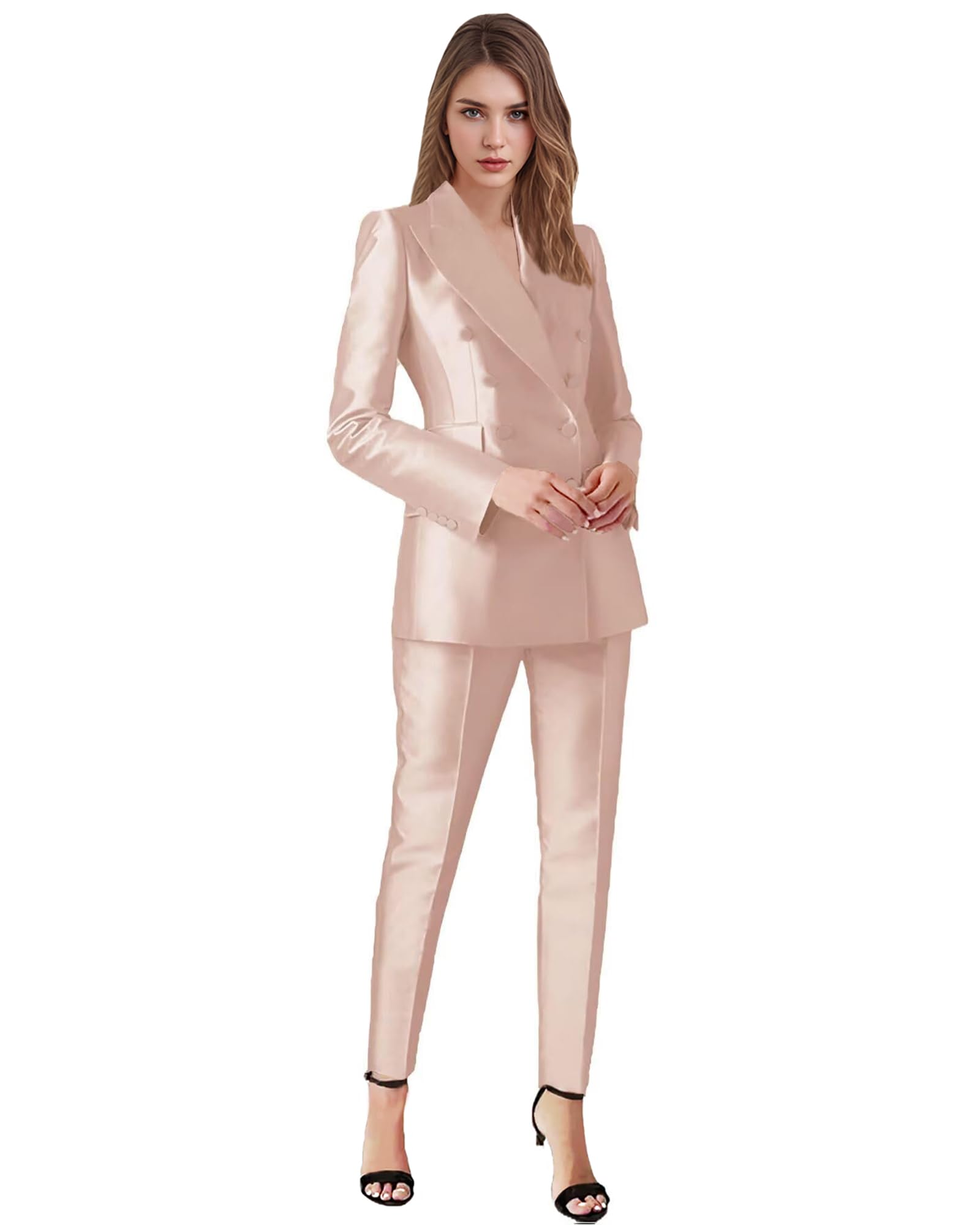Womens 2 Piece Satin Suit Double Breasted Satin Suits for Women Casual Dressy Pantsuits Blazer Jacket and Pants