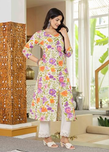 Image of Pistaa's Women's Floral Print A-Line Kurta with Lace Palazzos