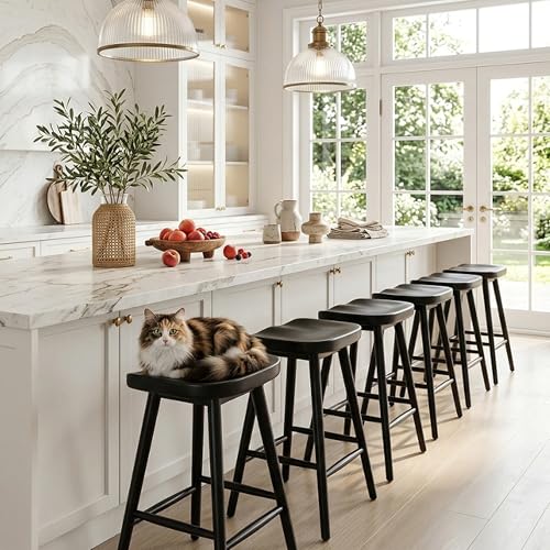 Image of HNY Backless Black Bar Stools Set of 6, Modern Counter Height Barstools 24 Inch Rustic Farmhouse Bar Height Saddle Stools with Ergonomic Seat, Wooden Stools for Kitchen Counter Island