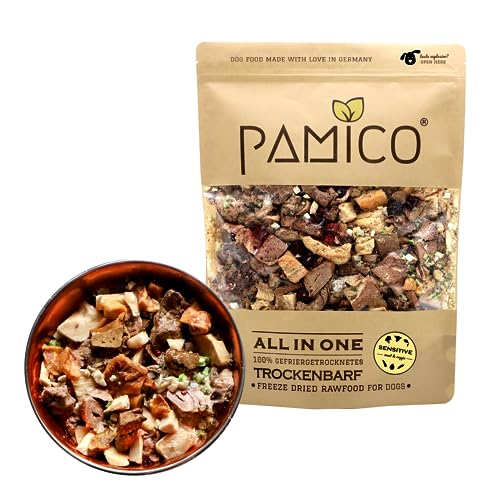 PAMICO Trockenbarf All in One Sensitive mit Huhn, Lamm, Fisch, Zucchini, Gurke und Brombeere 500g - 100% gefriergetrocknet, Barf Hundefutter ohne Zusätze getreidefrei