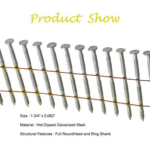 Findmall 3600 Count Siding Nails 1-3/4 Inch By .092 Inch 15 Degree Ring Shank Hot-Dipped Galvanized Collated Wire Coil #TOP2