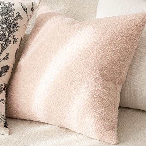Image of Foindtower Pack of 2, Curly Faux Fur Decorative Throw Pillow Covers Soft Fuzzy Plush Cushion Case with Zipper Cozy Pillowcase for Home Living Room Couch Bed Sofa 22 x 22 Inch, Light Pink