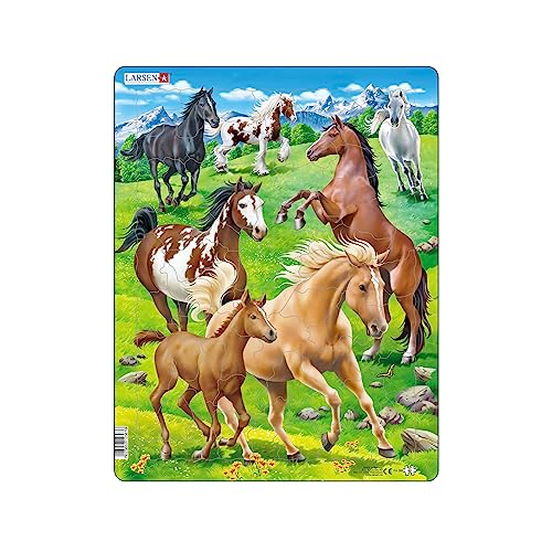 Larsen Puzzle FH38 Galoppierende Pferde auf Bergwiese, Alter 6–10, Kinder Puzzle, 65 Teile, Spielspaß & Lernen, Rahmenpuzzle