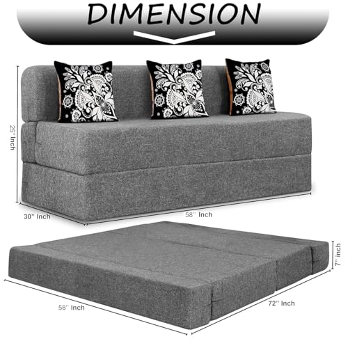 Image of Rosebell Three Seater Sofa Cum Bed | Jute Fabric Washable Cover | with 3 Printed Cushions Perfect for Guest | Grey | 5' X 6' Feet