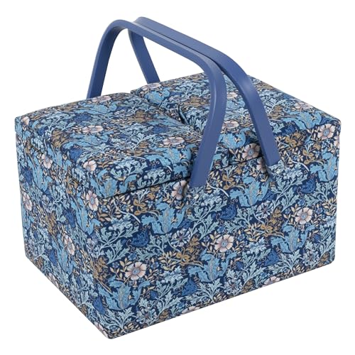 Hobby Gift Large Sewing Box – Twin Lid Woodblock floral Cotton Fabric with Plastic Handle, Hard Plastic Internal Tray with Compartments, Lid with Pocket & Pincushion Stylish 21 x 30.5 x 19.5cm