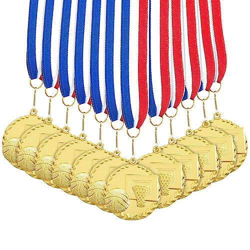 Juvale 12 Pack Basketball Medals For Kids And Adults, Team Participation Trophies, Awards, Party Favors, Red, White, And Blue Stripes 15.5" Ribbon (2 In, Metal, Gold) #TOP2