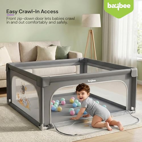 Image of Baybee 120 x 120 CM Kids Playpen for Babies with Colourful Balls | Baby Play Area Indoor Setup with Zipper Door & Toys Pouch | Kids Activity Play Gate Fence with Corner Protection | Outdoor play pen for baby for 0 - 5 years Boys Girls (Grey)