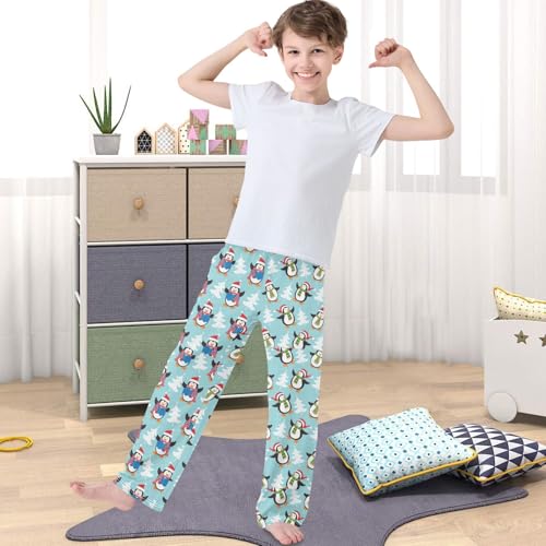 Boy's Pj Pants Happy Christmas Penguin Blue Lounge Bottoms Elastic Kids Sweatpants Joggers with Pockets Size 6-144