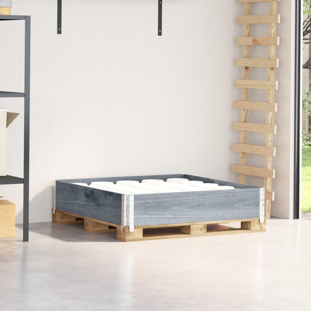 Paletten-Aufsatzrahmen Grau aus massivem Kiefernholz 100x100 cm mit klappbaren Metallecken stapelbar für Lager, Transportplattform, Logistik und Ladungssicherung im Versand und Spedition