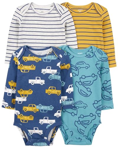 Image of Carter's Baby Boys 4-Pack Long-Sleeve Original Bodysuits (Cars/Multi/Stripes, 3 Months)