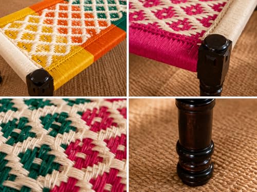 Image of Handwoven Wooden Bench | Traditional Rope Charpai Stool | Solid Wood Frame Seating for Living Room, Balcony & Outdoor | Durable & Stylish Design (Multicolor Finish)