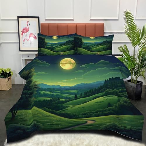 DLERFLOVR Edredón Relleno Nórdico 4 Estaciones Cama 90 135x200cm - Edredón Camino De Montaña Sinuoso Nórdico de Fibra Vista del Valle Suave Transpirable para Invierno, Primavera y Otoño, Verde